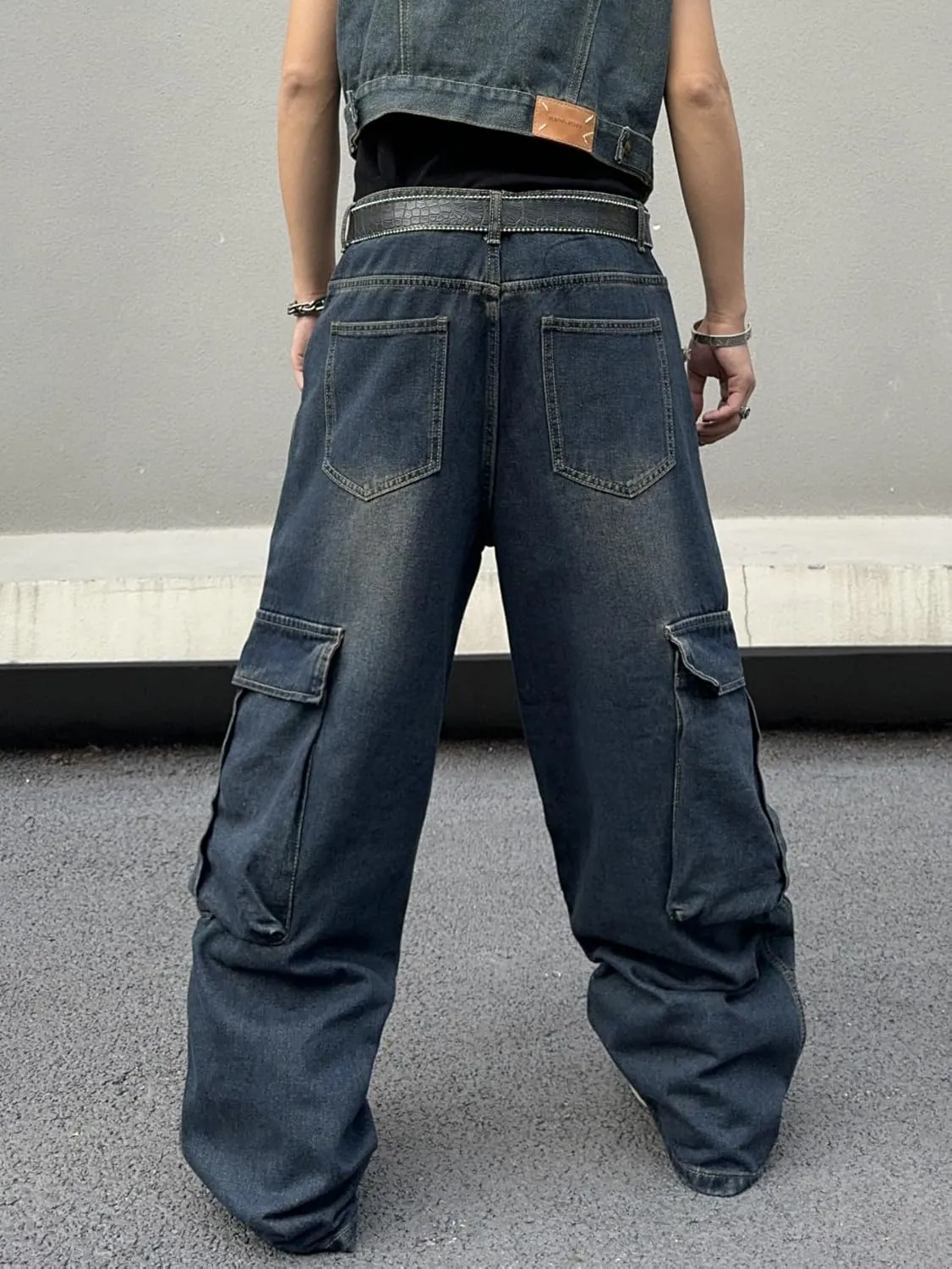 Mens Goth Baggy Cargo Jeans with Pockets Steampunk Patchwork Embroidery Wide Leg Denim Pants