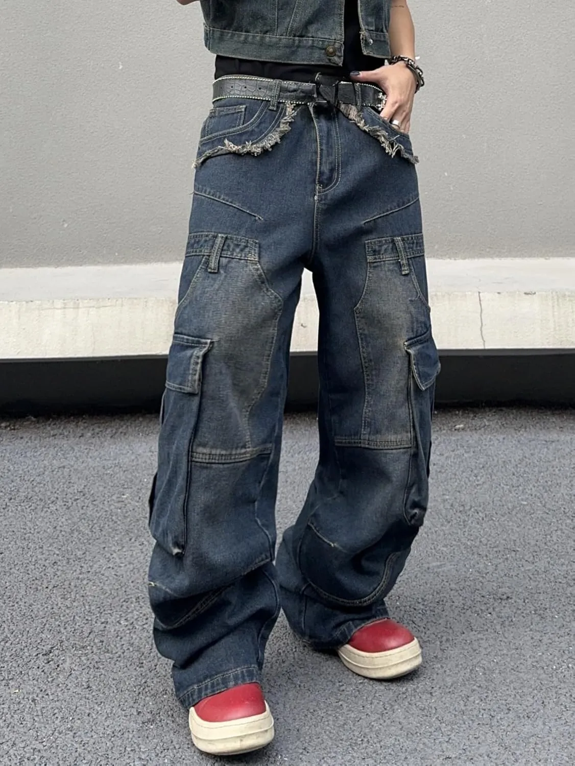 Mens Goth Baggy Cargo Jeans with Pockets Steampunk Patchwork Embroidery Wide Leg Denim Pants