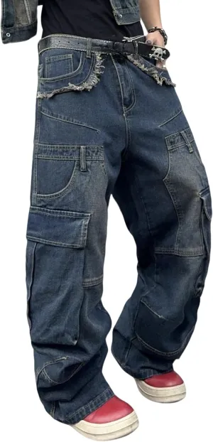 Mens Goth Baggy Cargo Jeans with Pockets Steampunk Patchwork Embroidery Wide Leg Denim Pants