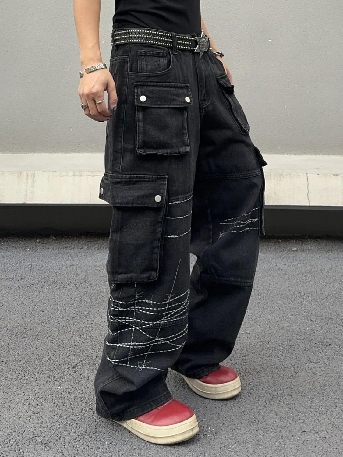 Mens Goth Baggy Cargo Jeans with Pockets Steampunk Patchwork Embroidery Wide Leg Denim Pants