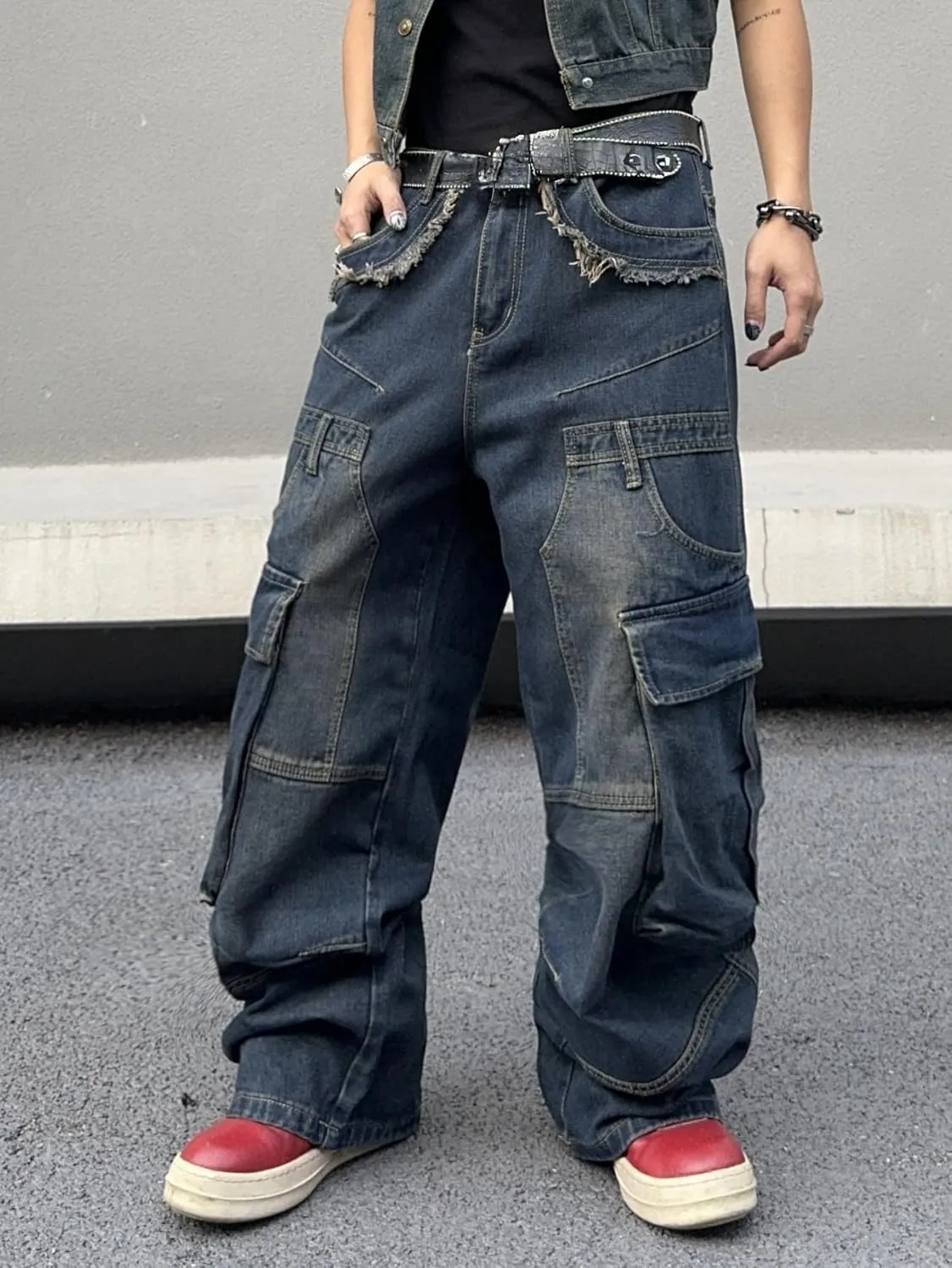 Mens Goth Baggy Cargo Jeans with Pockets Steampunk Patchwork Embroidery Wide Leg Denim Pants