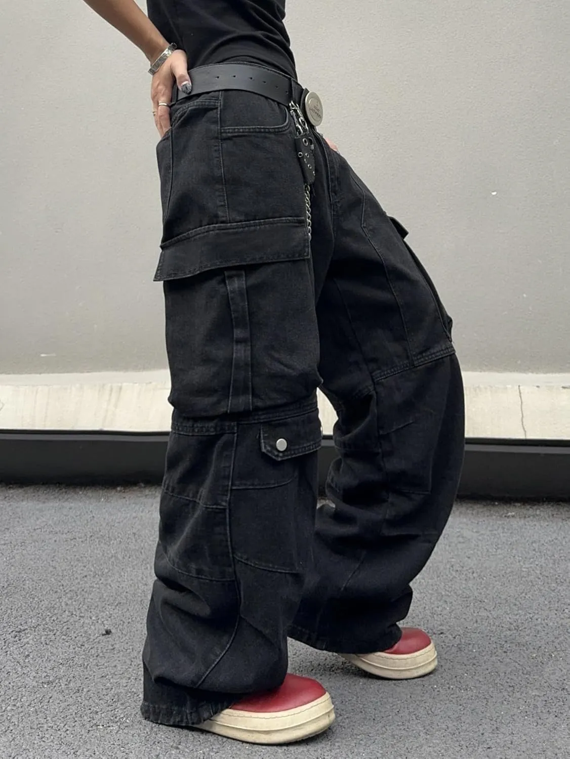 Mens Goth Baggy Cargo Jeans with Pockets Steampunk Patchwork Embroidery Wide Leg Denim Pants