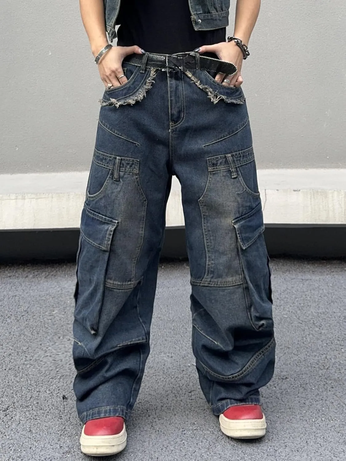 Mens Goth Baggy Cargo Jeans with Pockets Steampunk Patchwork Embroidery Wide Leg Denim Pants