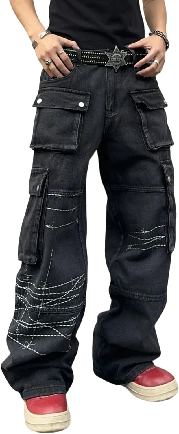 Mens Goth Baggy Cargo Jeans with Pockets Steampunk Patchwork Embroidery Wide Leg Denim Pants
