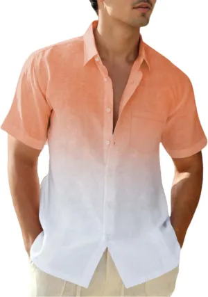 Mens Gradient Linen Shirts Short Sleeve Button Down Shirt Hawaiian Summer Beach Casual T Shirts for Men