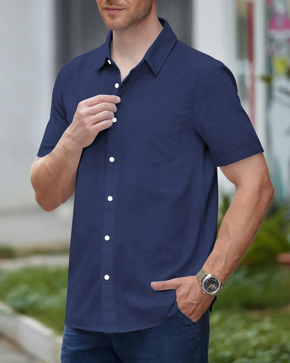 Mens Gradient Linen Shirts Short Sleeve Button Down Shirt Hawaiian Summer Beach Casual T Shirts for Men
