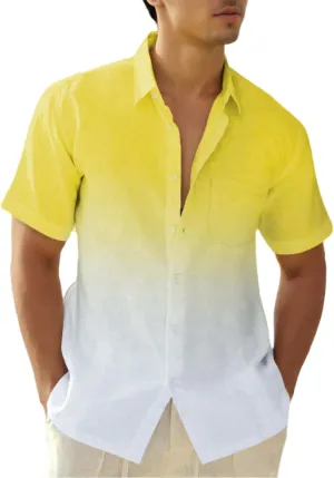 Mens Gradient Linen Shirts Short Sleeve Button Down Shirt Hawaiian Summer Beach Casual T Shirts for Men