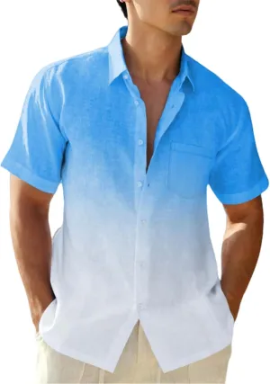 Mens Gradient Linen Shirts Short Sleeve Button Down Shirt Hawaiian Summer Beach Casual T Shirts for Men
