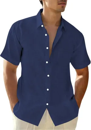 Mens Gradient Linen Shirts Short Sleeve Button Down Shirt Hawaiian Summer Beach Casual T Shirts for Men