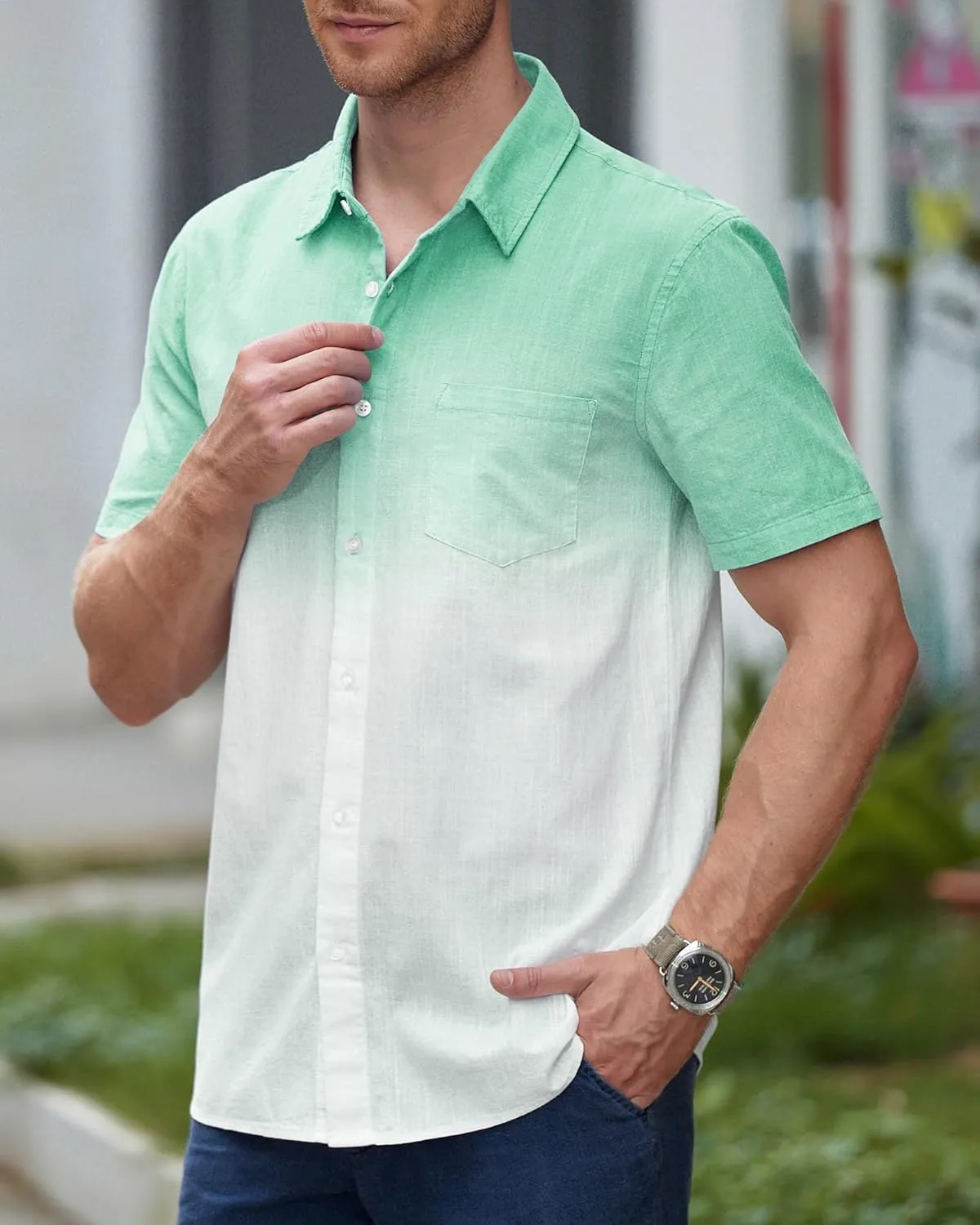Mens Gradient Linen Shirts Short Sleeve Button Down Shirt Hawaiian Summer Beach Casual T Shirts for Men