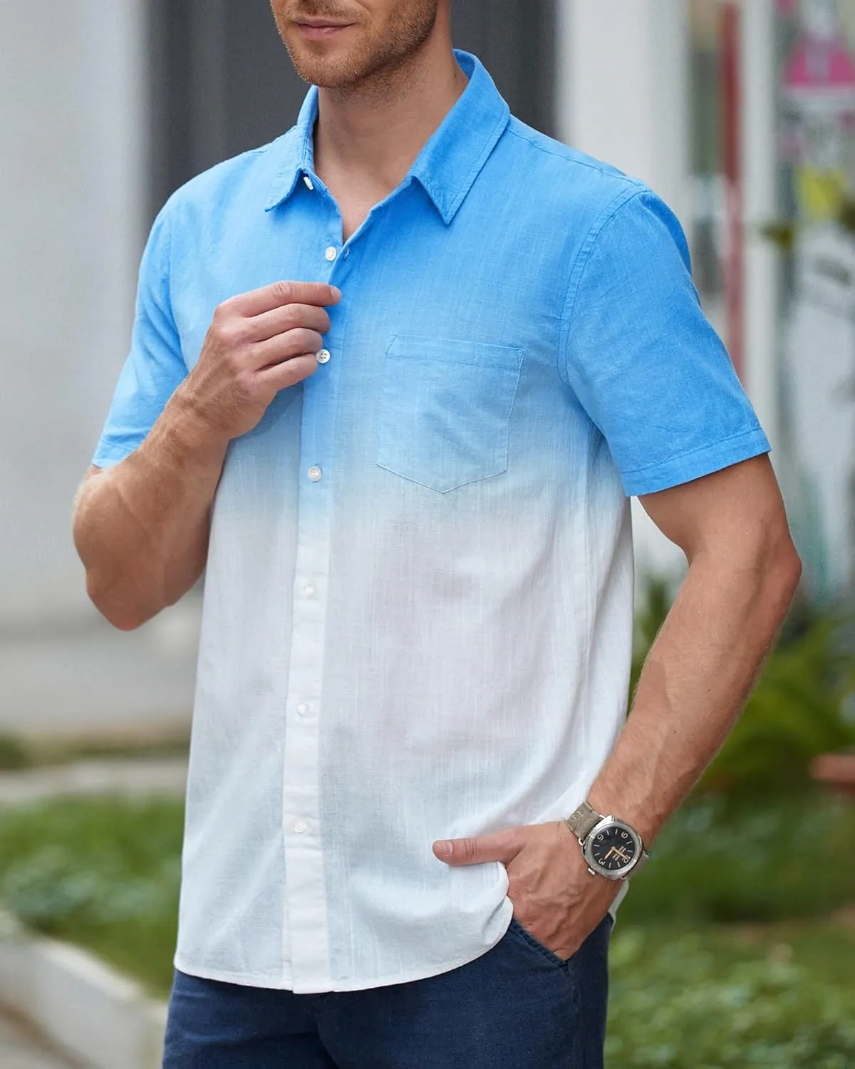 Mens Gradient Linen Shirts Short Sleeve Button Down Shirt Hawaiian Summer Beach Casual T Shirts for Men