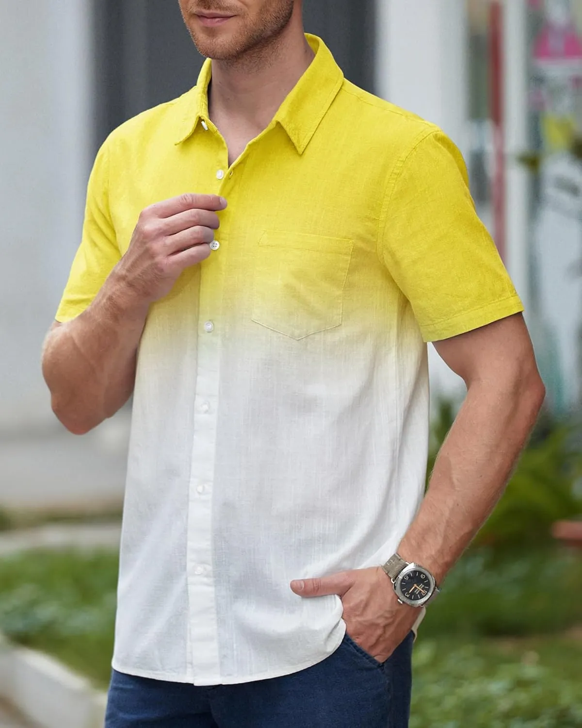 Mens Gradient Linen Shirts Short Sleeve Button Down Shirt Hawaiian Summer Beach Casual T Shirts for Men