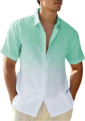Mens Gradient Linen Shirts Short Sleeve Button Down Shirt Hawaiian Summer Beach Casual T Shirts for Men
