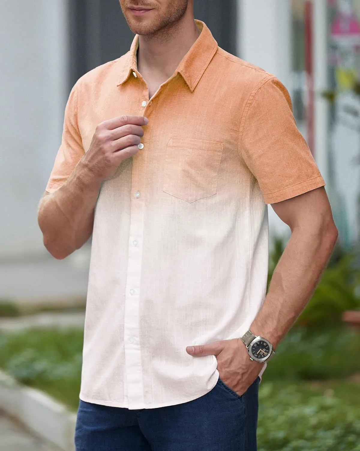Mens Gradient Linen Shirts Short Sleeve Button Down Shirt Hawaiian Summer Beach Casual T Shirts for Men