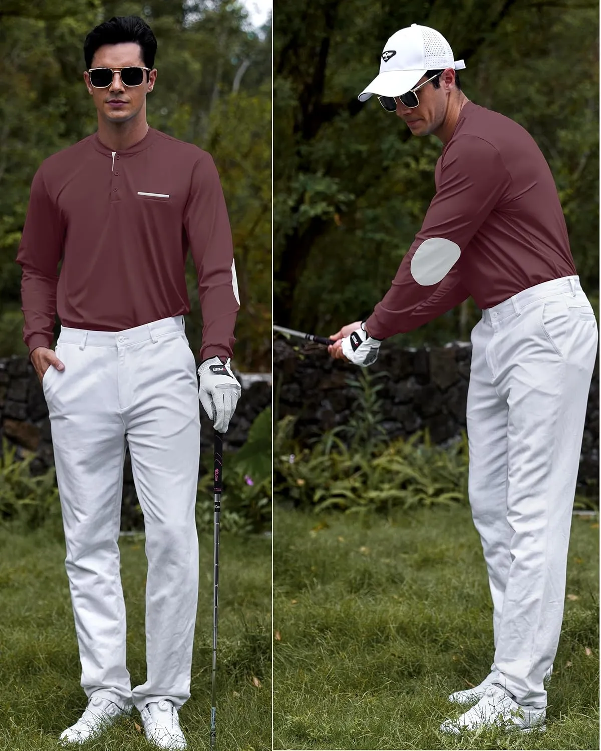 Men's Henley Golf Shirts Long Sleeve Collarless Golf Shirt Casual Moisture Wicking Quick Dry Shirts with Pocket