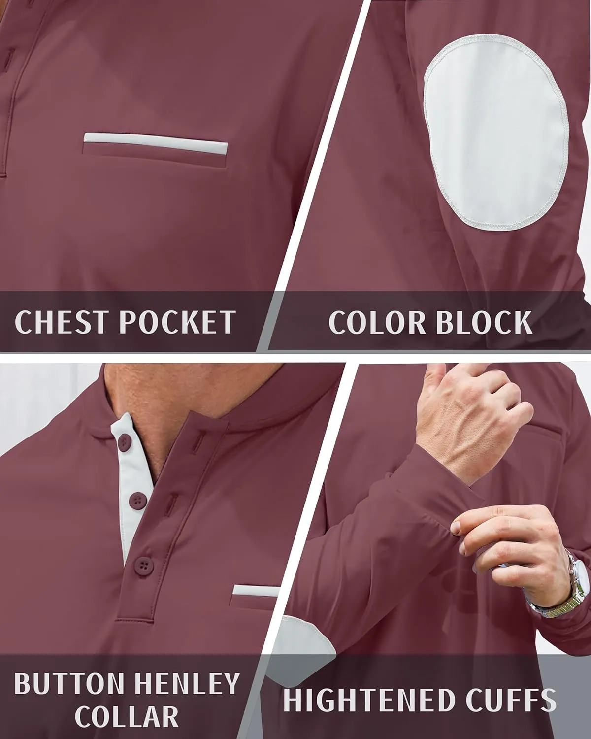 Men's Henley Golf Shirts Long Sleeve Collarless Golf Shirt Casual Moisture Wicking Quick Dry Shirts with Pocket