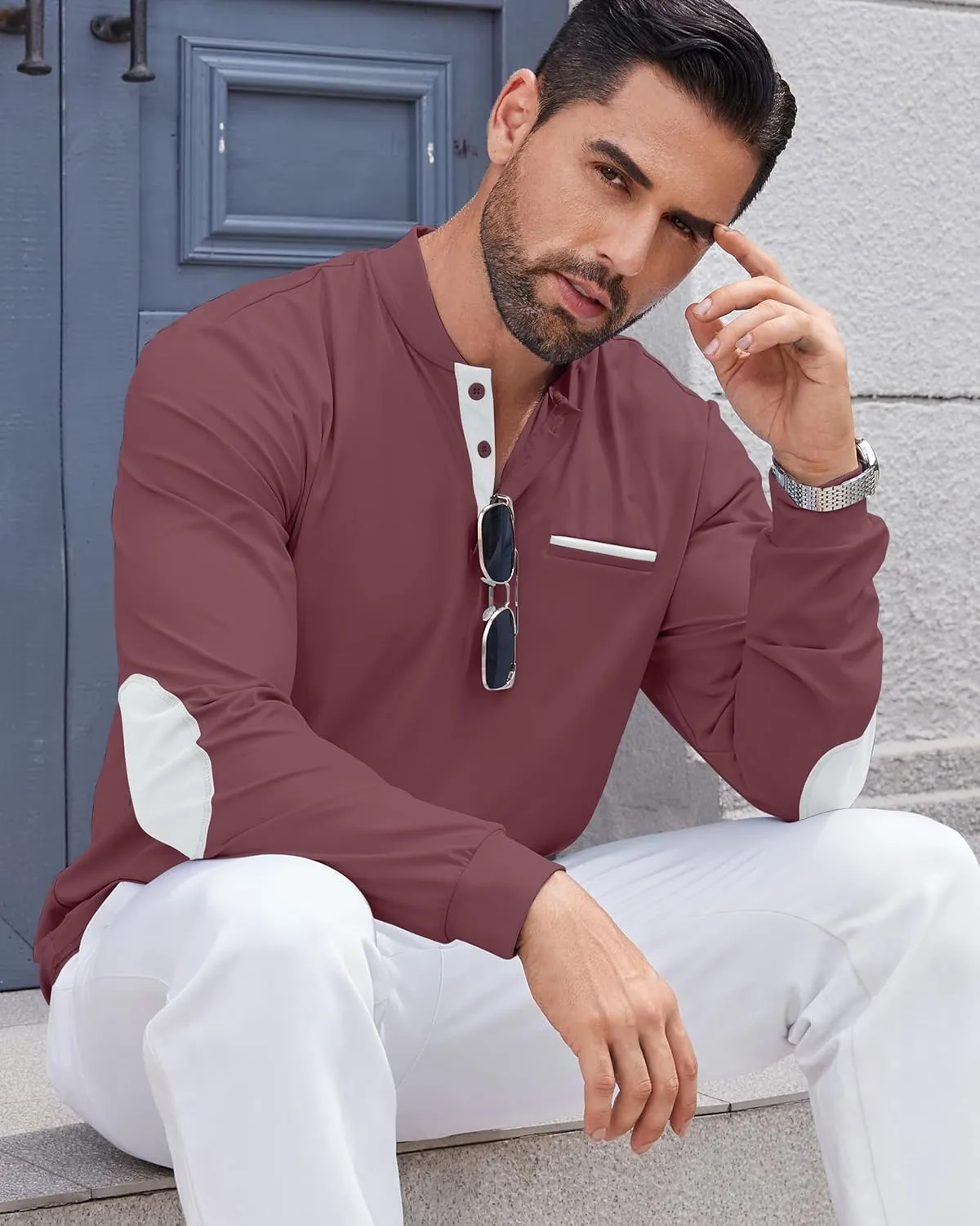 Men's Henley Golf Shirts Long Sleeve Collarless Golf Shirt Casual Moisture Wicking Quick Dry Shirts with Pocket