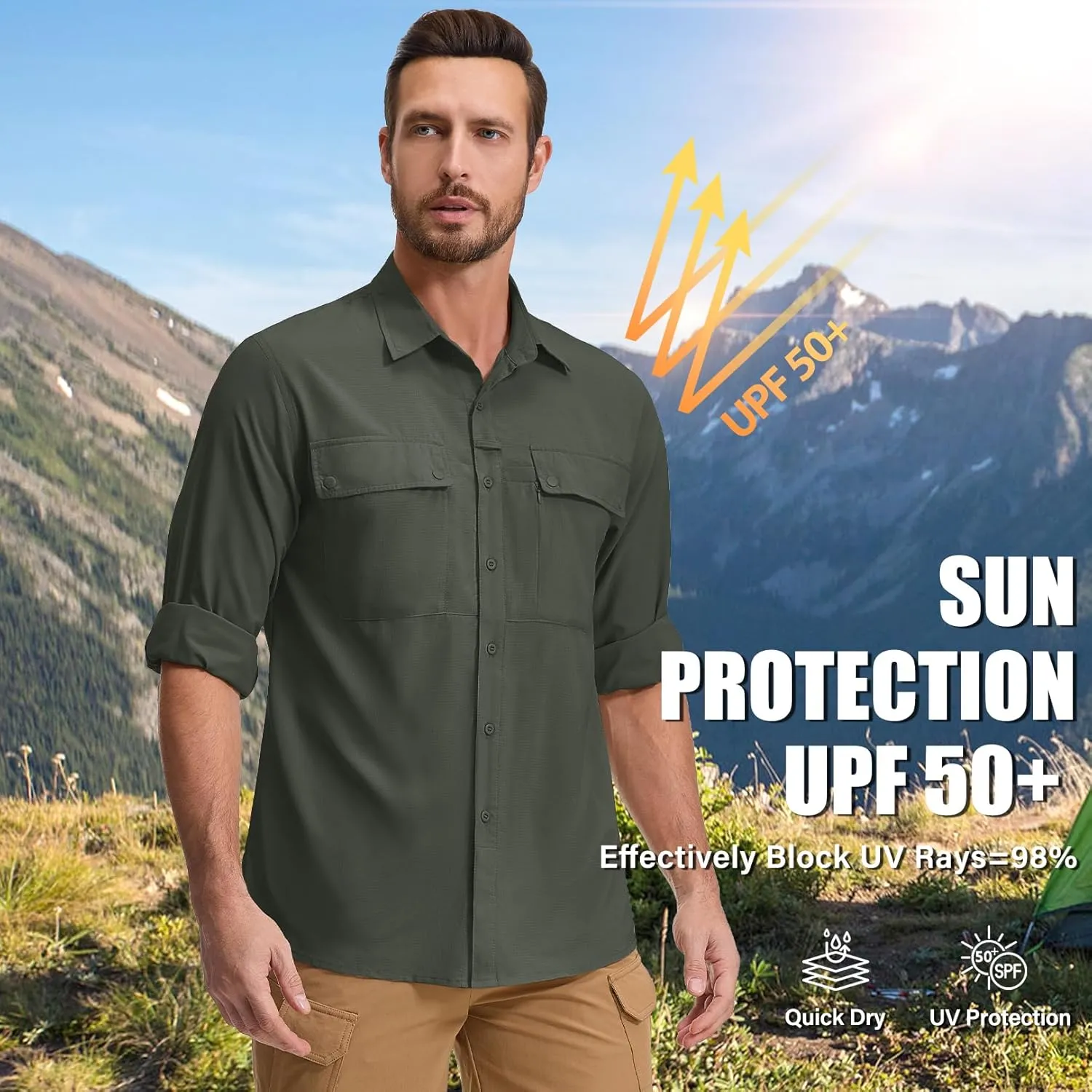 Men's Long Sleeve Hiking Fishing Shirts UPF 50  Sun Protection Quick Dry Shirts Outdoor Travel Safari Camping