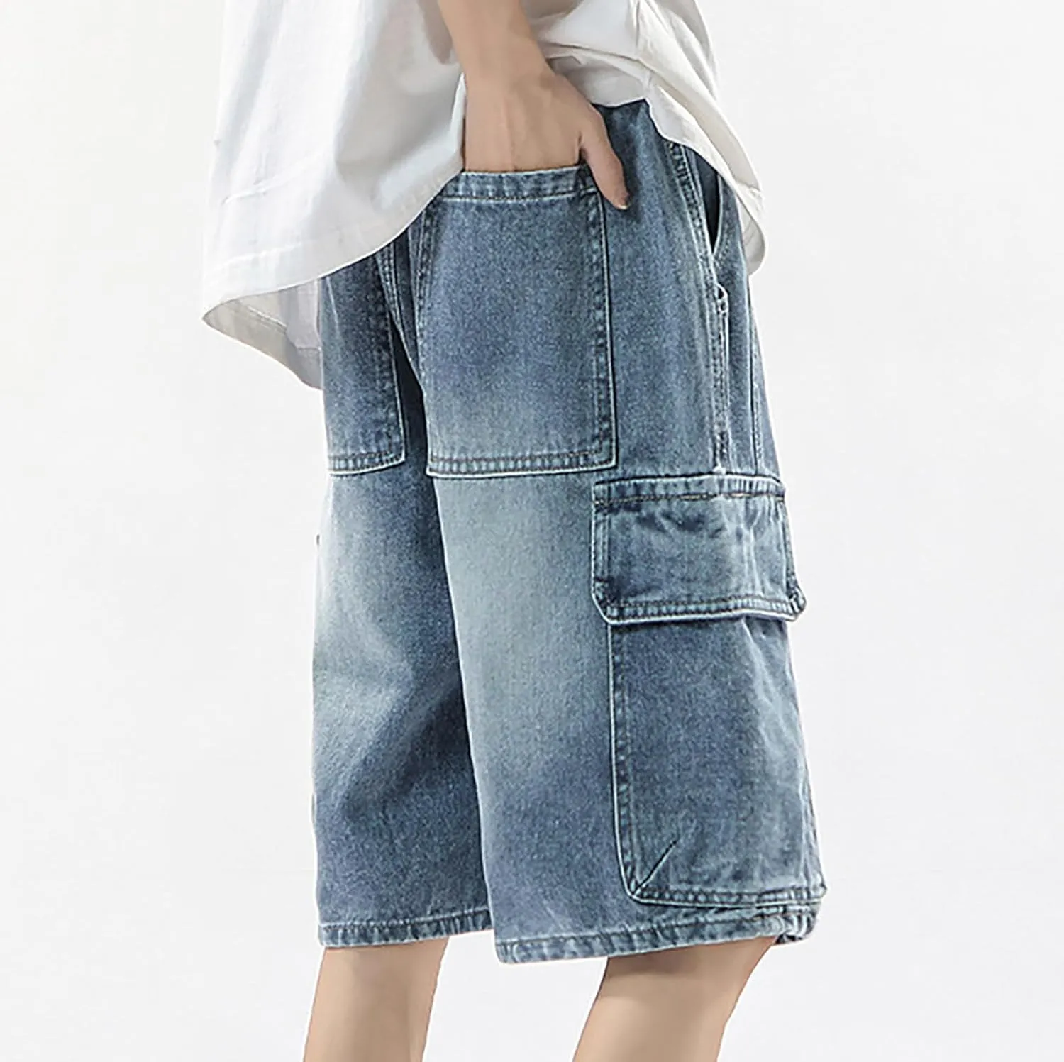 Mens Loose Denim Shorts Baggy Summer Casual Wide Leg Mid Jean Jorts Hip Hop Shorts with Pockets Streetwear