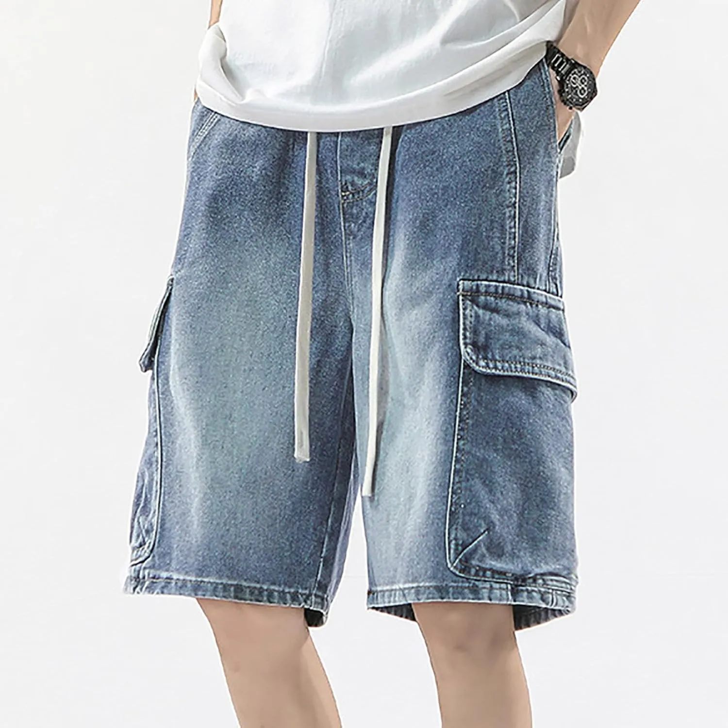 Mens Loose Denim Shorts Baggy Summer Casual Wide Leg Mid Jean Jorts Hip Hop Shorts with Pockets Streetwear