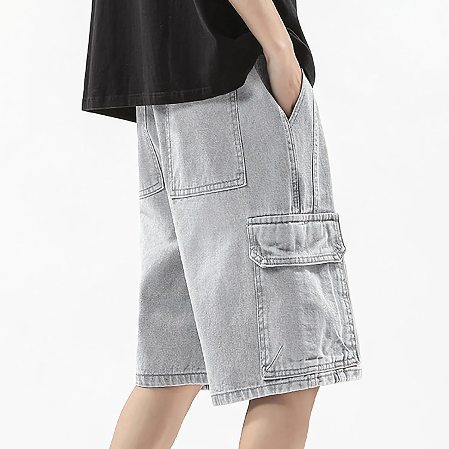 Men's Loose Hip Hop Mid Jean Shorts Work Denim Shorts with Pockets Casual Summer Streetwear Clothes