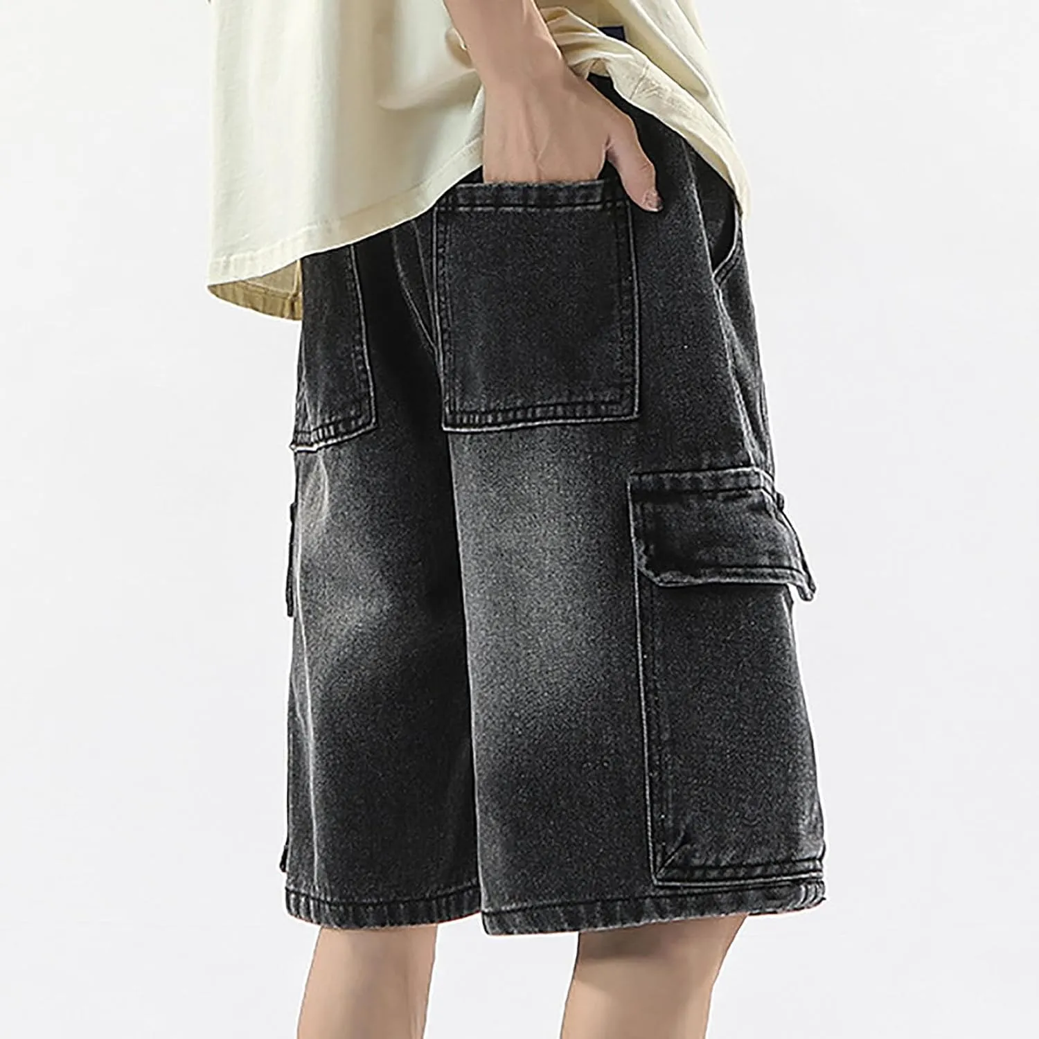 Men's Loose Y2K Hip Hop Cropped Jean Shorts Work Denim Shorts with Pockets Casual Trendy Outfits