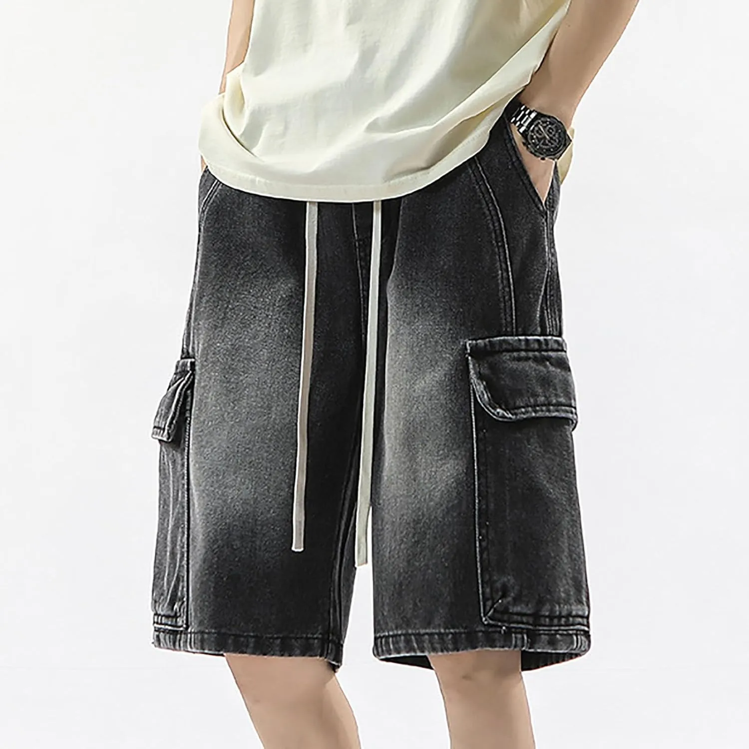 Men's Loose Y2K Hip Hop Cropped Jean Shorts Work Denim Shorts with Pockets Casual Trendy Outfits