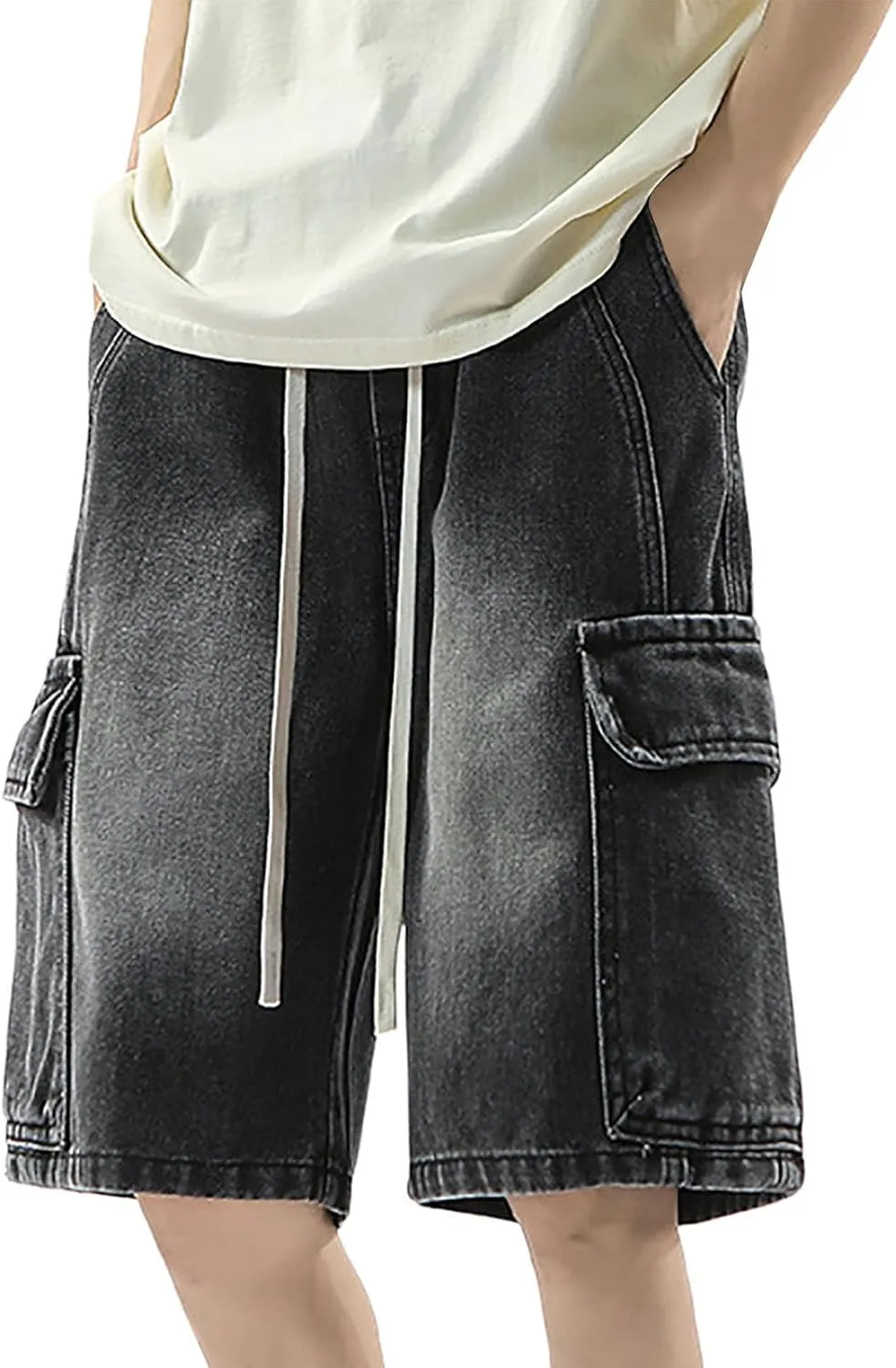 Men's Loose Y2K Hip Hop Cropped Jean Shorts Work Denim Shorts with Pockets Casual Trendy Outfits