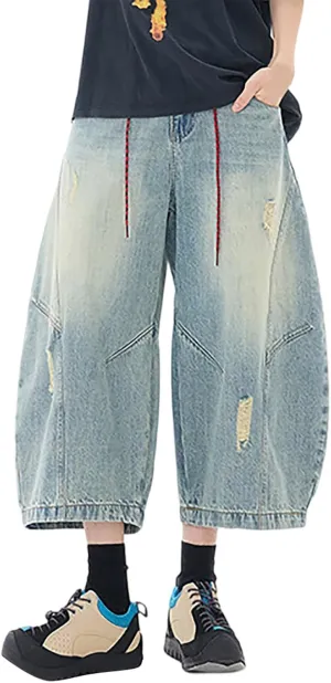 Men's Loose Y2K Hip Hop Mid Jean Shorts Baggy Denim Shorts with Pockets Skateboard Streetwear Clothes