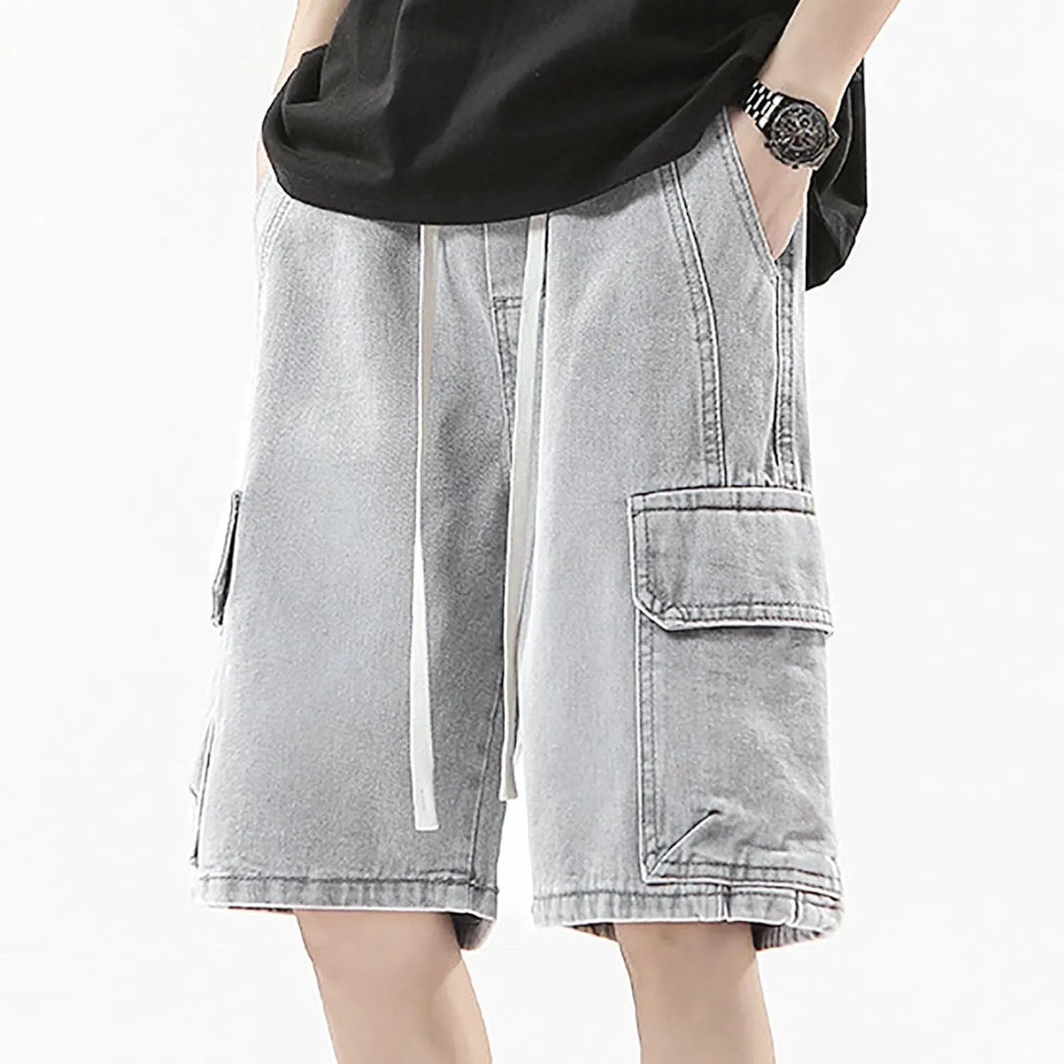 Men's Loose Y2K Hip Hop Mid Jean Shorts Work Denim Shorts with Pockets Casual Summer Streetwear Clothes
