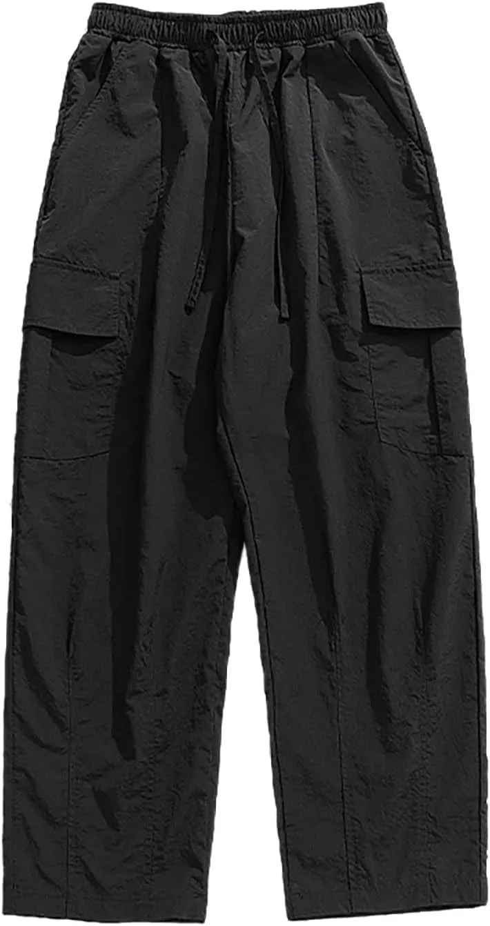 Mens Plus Size Lightweight Cargo Pants Military Combat Hiking Trouser Drawstring Multi Pockets Solid Color Versatile Overalls