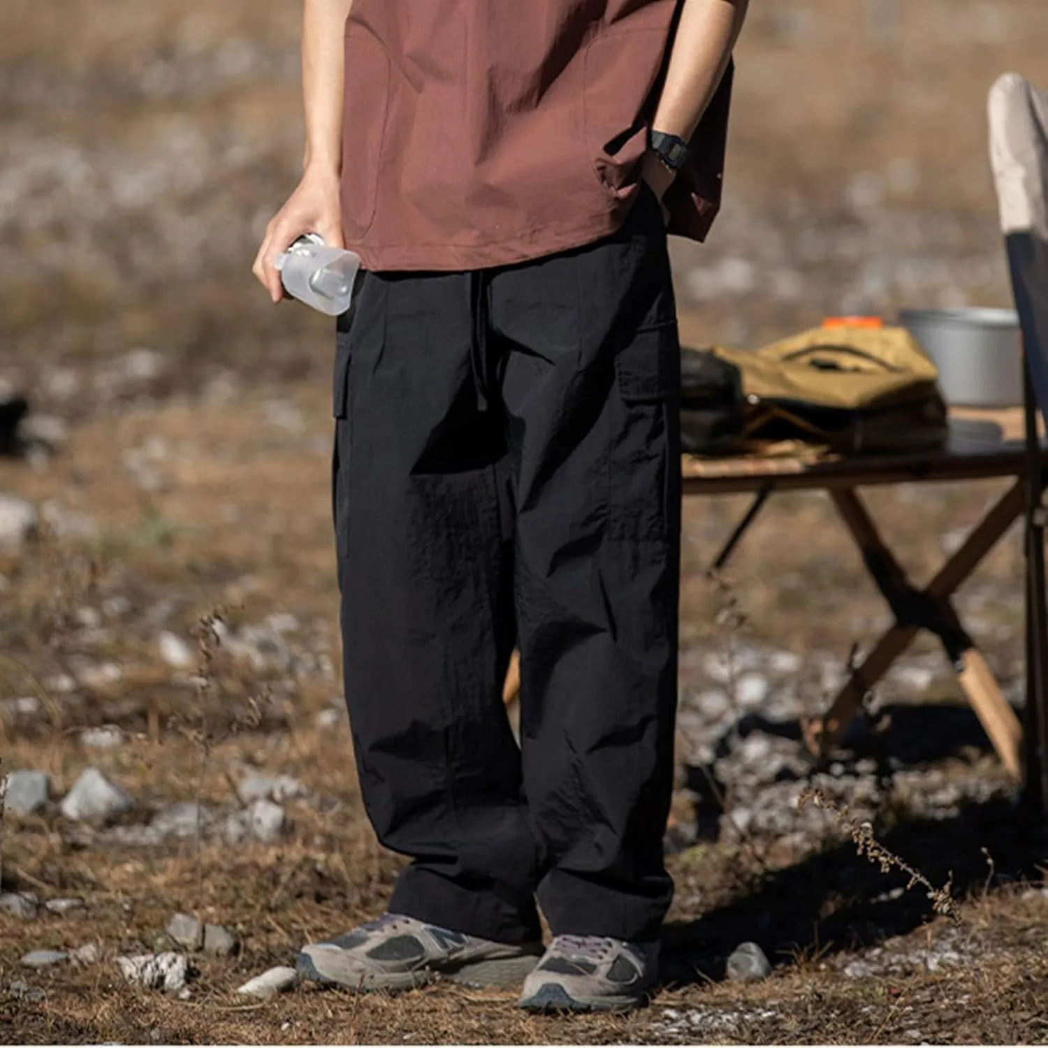 Mens Plus Size Lightweight Cargo Pants Military Combat Hiking Trouser Drawstring Multi Pockets Solid Color Versatile Overalls