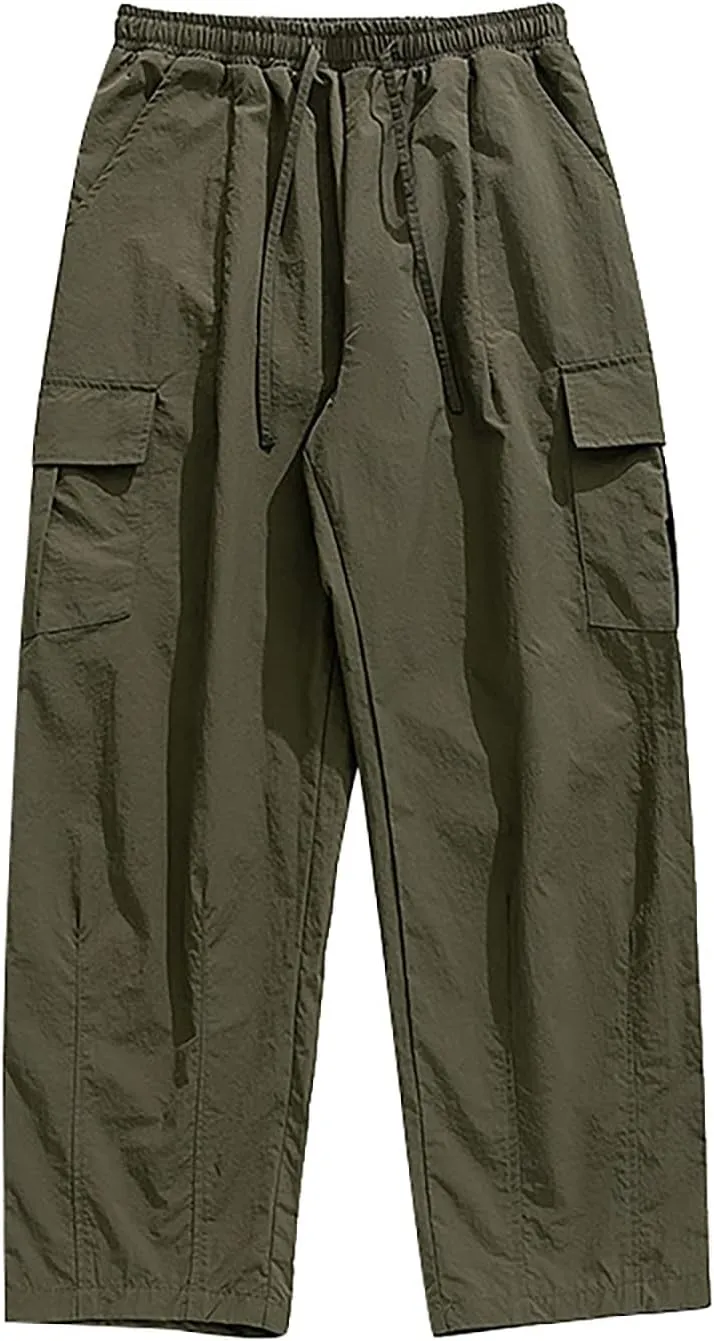 Mens Plus Size Lightweight Cargo Pants Military Combat Hiking Trouser Drawstring Multi Pockets Solid Color Versatile Overalls