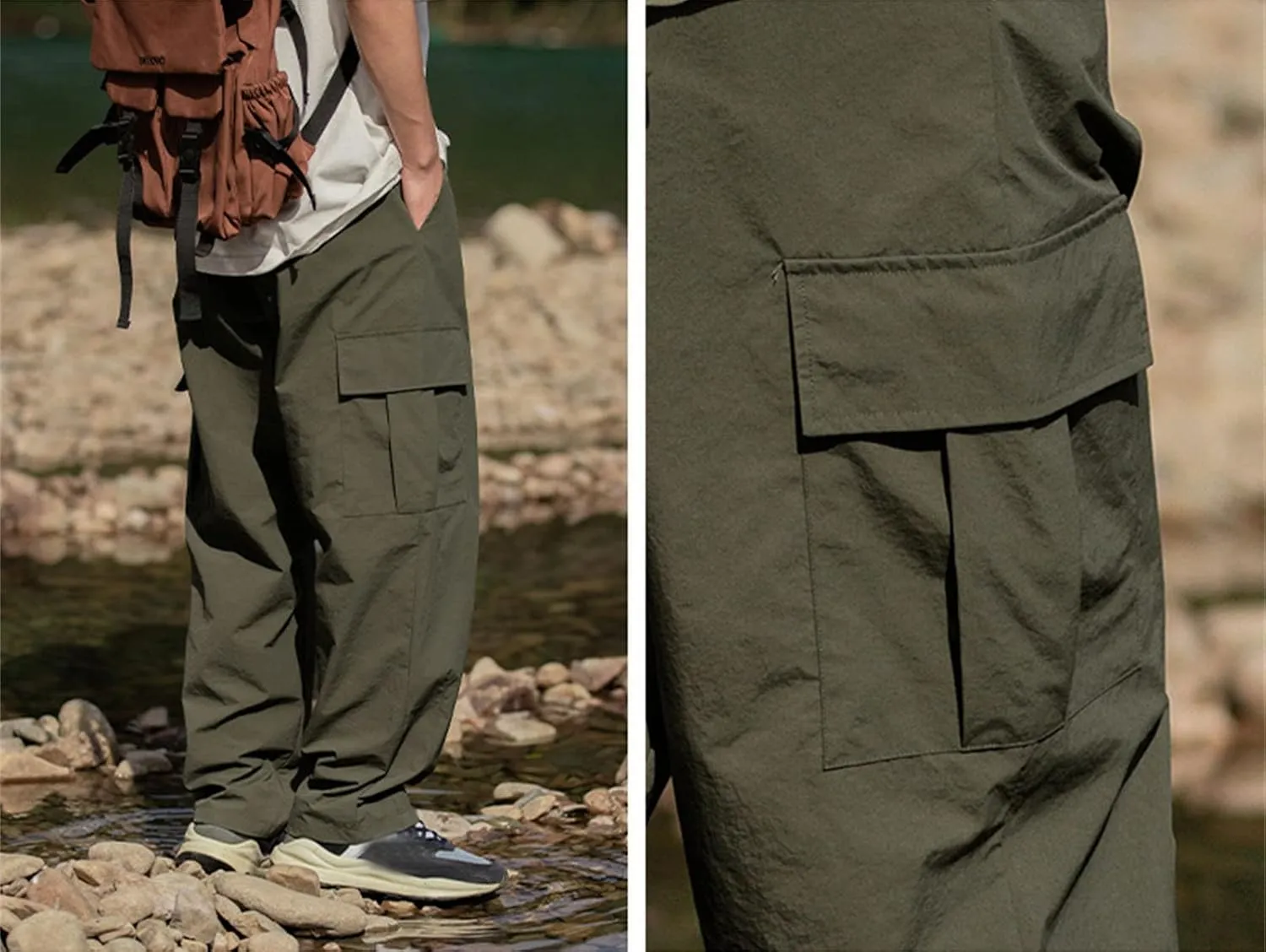 Mens Plus Size Lightweight Cargo Pants Military Combat Hiking Trouser Drawstring Multi Pockets Solid Color Versatile Overalls