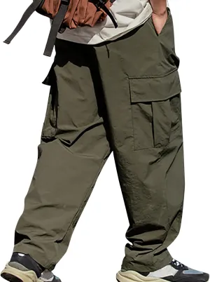 Mens Plus Size Lightweight Cargo Pants Military Combat Hiking Trouser Drawstring Multi Pockets Solid Color Versatile Overalls