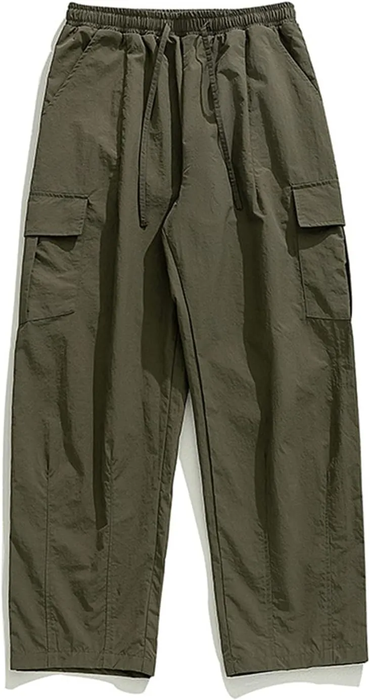 Mens Plus Size Lightweight Cargo Pants Military Combat Hiking Trouser Drawstring Multi Pockets Solid Color Versatile Overalls