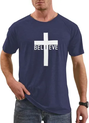 Men's Short Sleeve Crewneck Graphic Tee Believe Cross Print Christian Shirts Workout Shirts