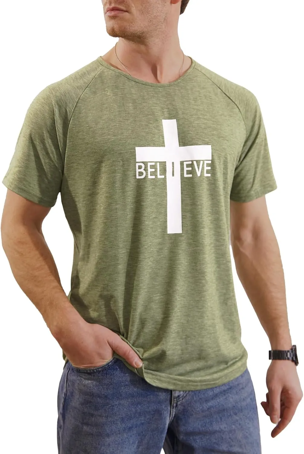 Men's Short Sleeve Crewneck Graphic Tee Believe Cross Print Christian Shirts Workout Shirts