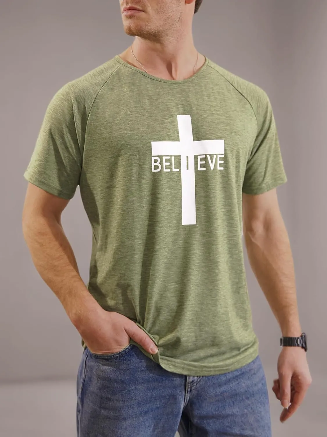 Men's Short Sleeve Crewneck Graphic Tee Believe Cross Print Christian Shirts Workout Shirts