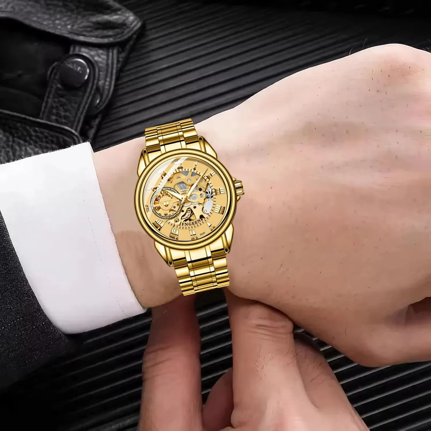 Men's Skeleton Mechanical Watches Stainless Steel Automatic Self-Winding Watch Luxury Hollowed Mens Wrist Watches Waterproof Luminous