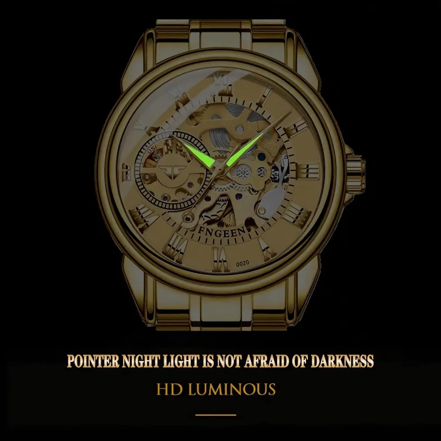 Men's Skeleton Mechanical Watches Stainless Steel Automatic Self-Winding Watch Luxury Hollowed Mens Wrist Watches Waterproof Luminous