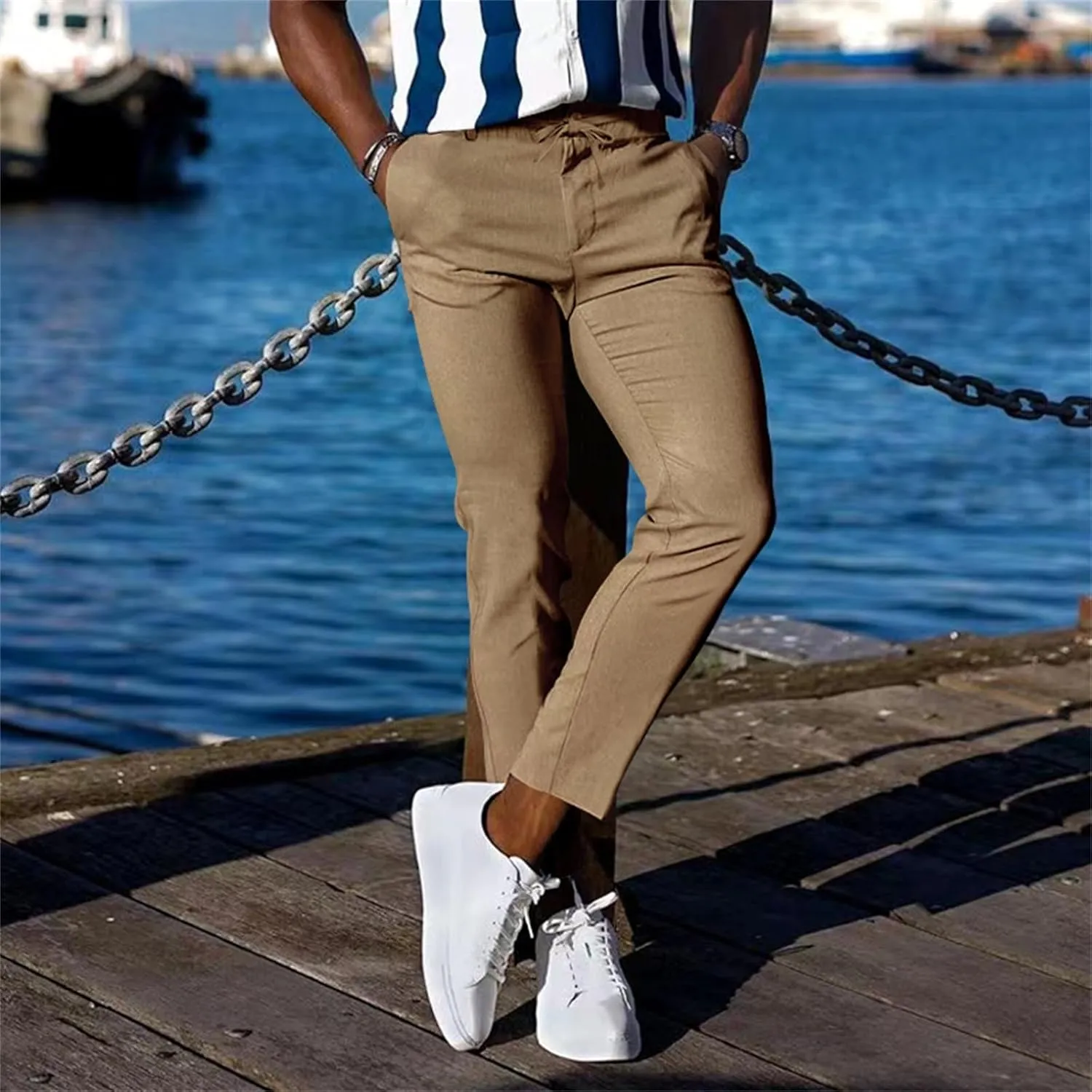Mens Slim Fit Leisure Pants Mid Waist Soldi Color Straight Fall Fashion Hipster Trouser Dressy Casual Outdoor Versatile Pants