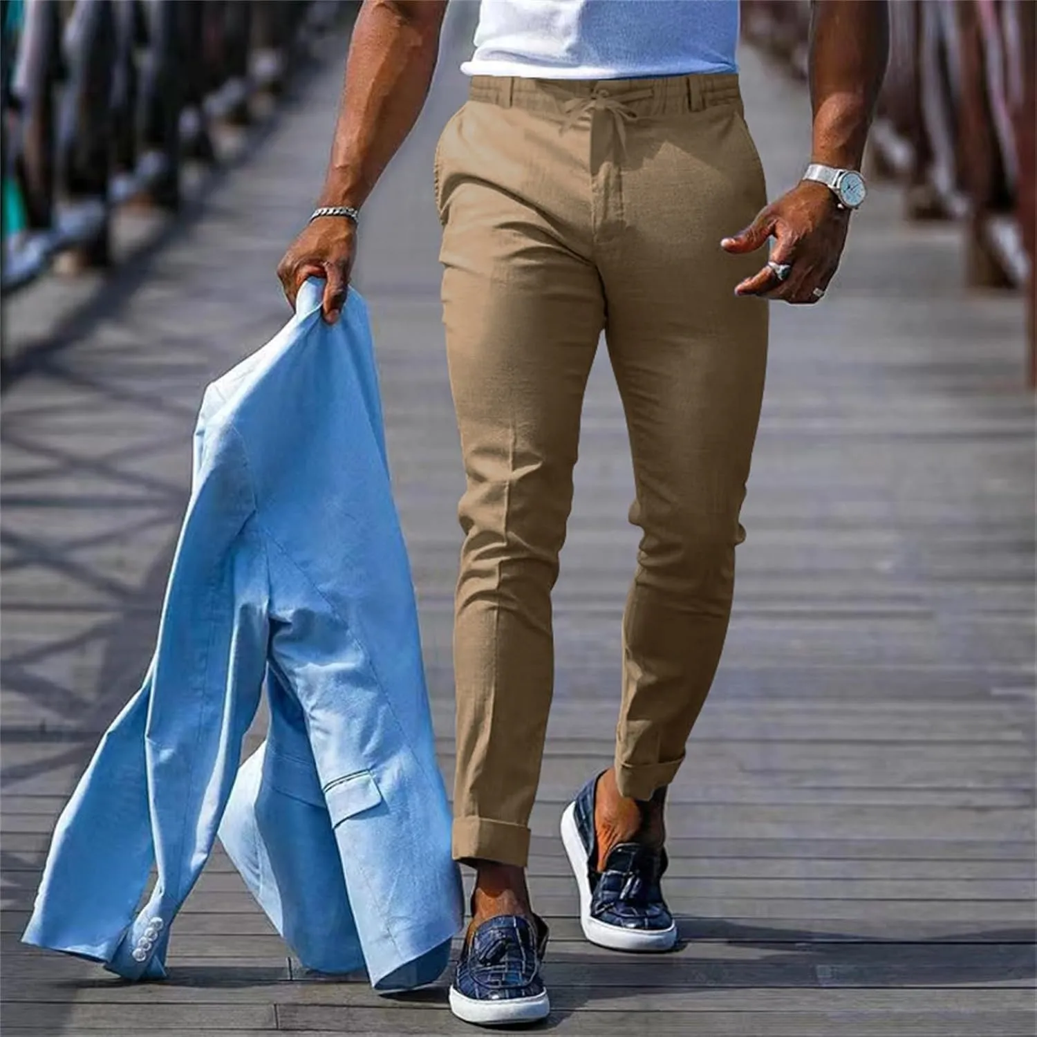 Mens Slim Fit Leisure Pants Mid Waist Soldi Color Straight Fall Fashion Hipster Trouser Dressy Casual Outdoor Versatile Pants