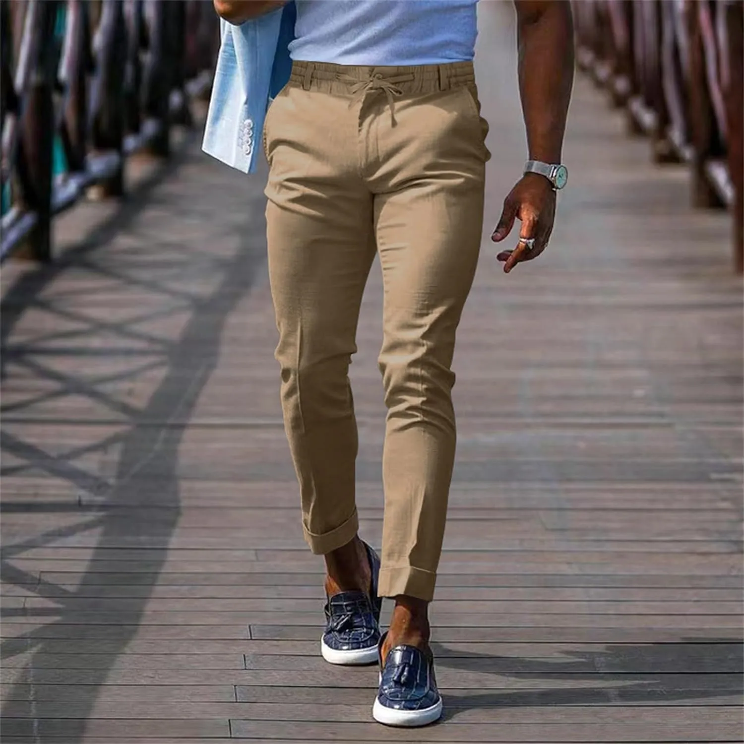 Mens Slim Fit Leisure Pants Mid Waist Soldi Color Straight Fall Fashion Hipster Trouser Dressy Casual Outdoor Versatile Pants