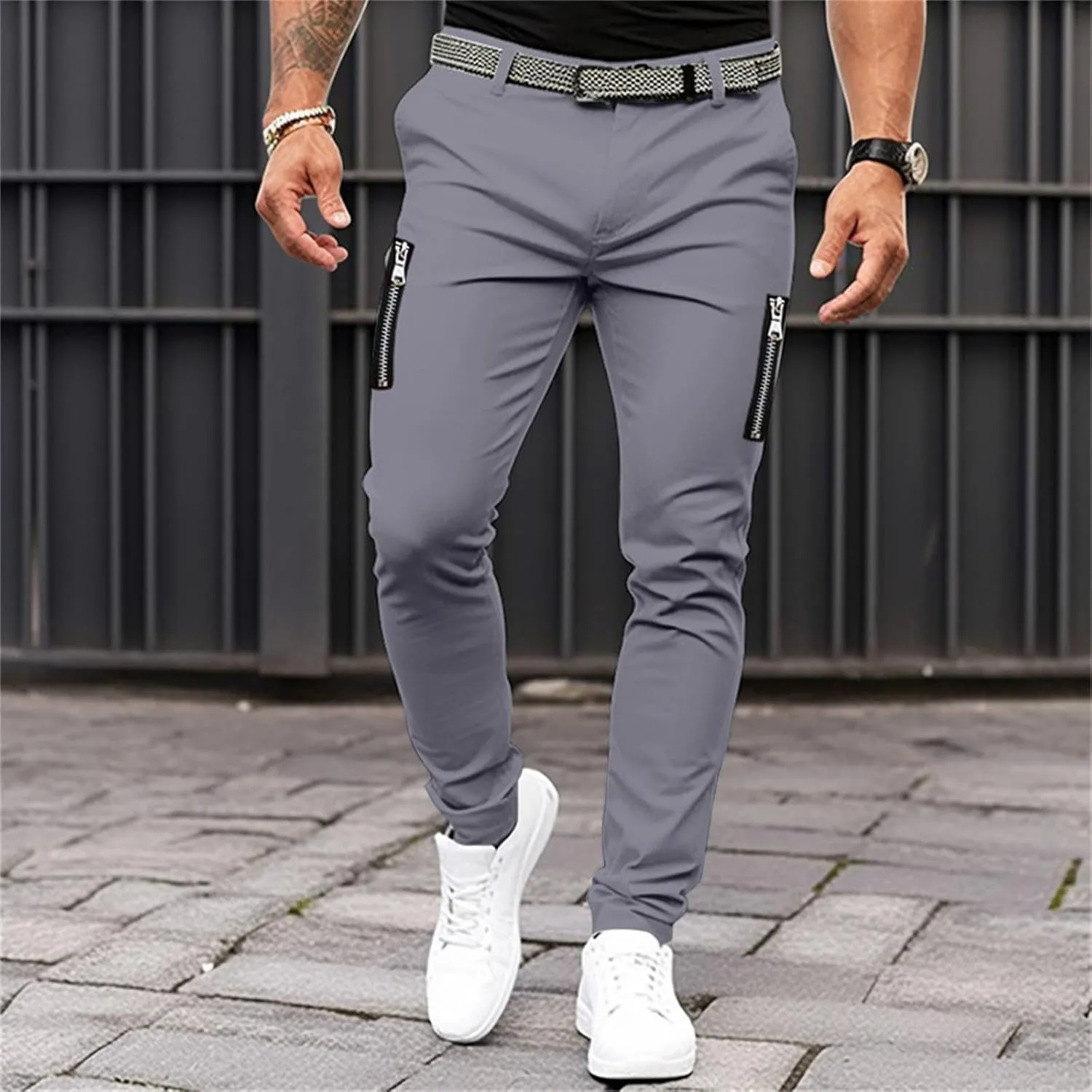 Mens Solid Color Tight Leisure Pants Mid Waist Multi Pockets Tactical Business Trouser Dressy Casual Outdoor Versatile Pants