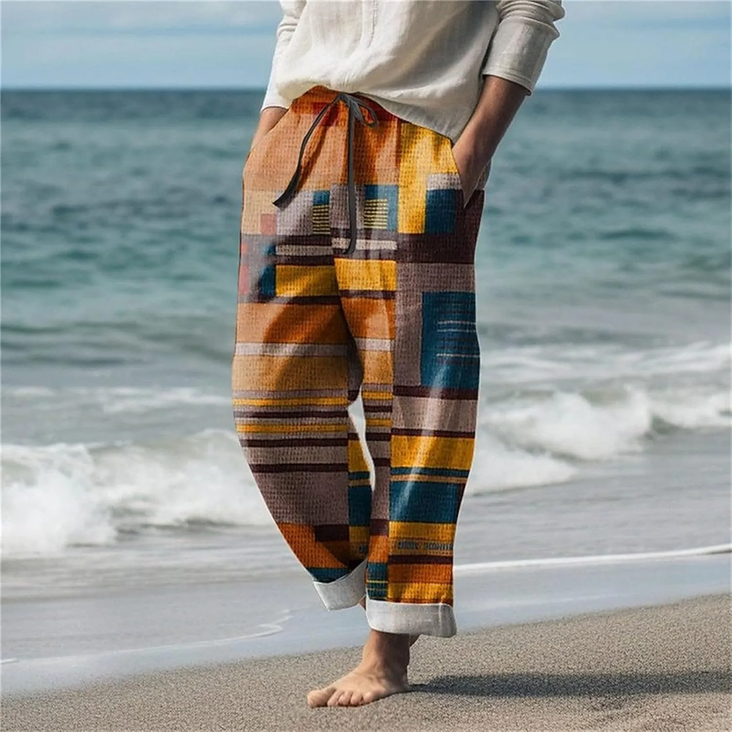 Mens Summer Beach Trousers Drawstring Elastic Waist Pattern Color Block Geometric Pants Combat Breathable Holiday Casual Pant