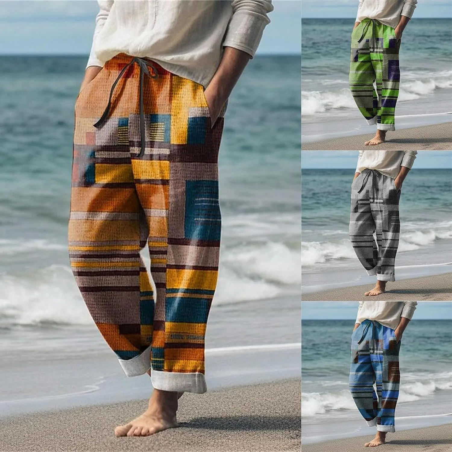 Mens Summer Beach Trousers Drawstring Elastic Waist Pattern Color Block Geometric Pants Combat Breathable Holiday Casual Pant