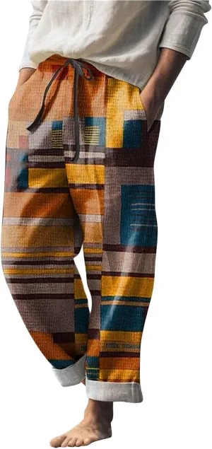 Mens Summer Beach Trousers Drawstring Elastic Waist Pattern Color Block Geometric Pants Combat Breathable Holiday Casual Pant