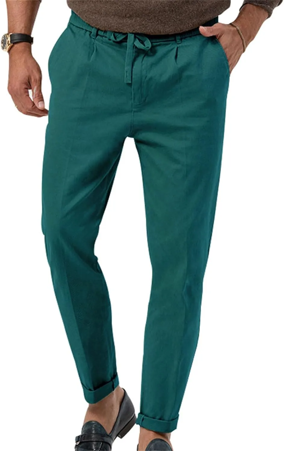 Mens Tapered Pants Casual Linen Pants Elastic Waist Slim Fit Beach Yoga Business Lightweight Cotton Trousers with Pockets