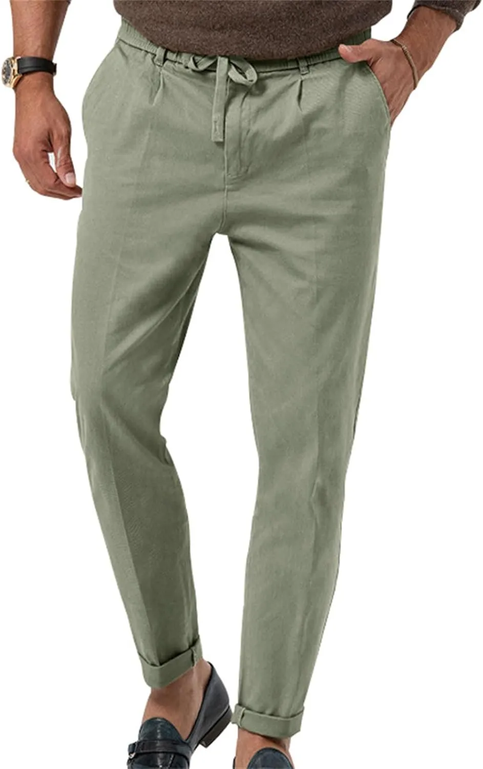 Mens Tapered Pants Casual Linen Pants Elastic Waist Slim Fit Beach Yoga Business Lightweight Cotton Trousers with Pockets